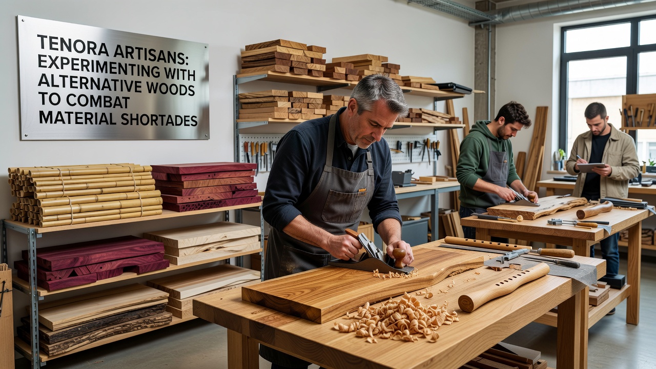 Workshop interior showing tenora components made from maple and cherry woods during assembly