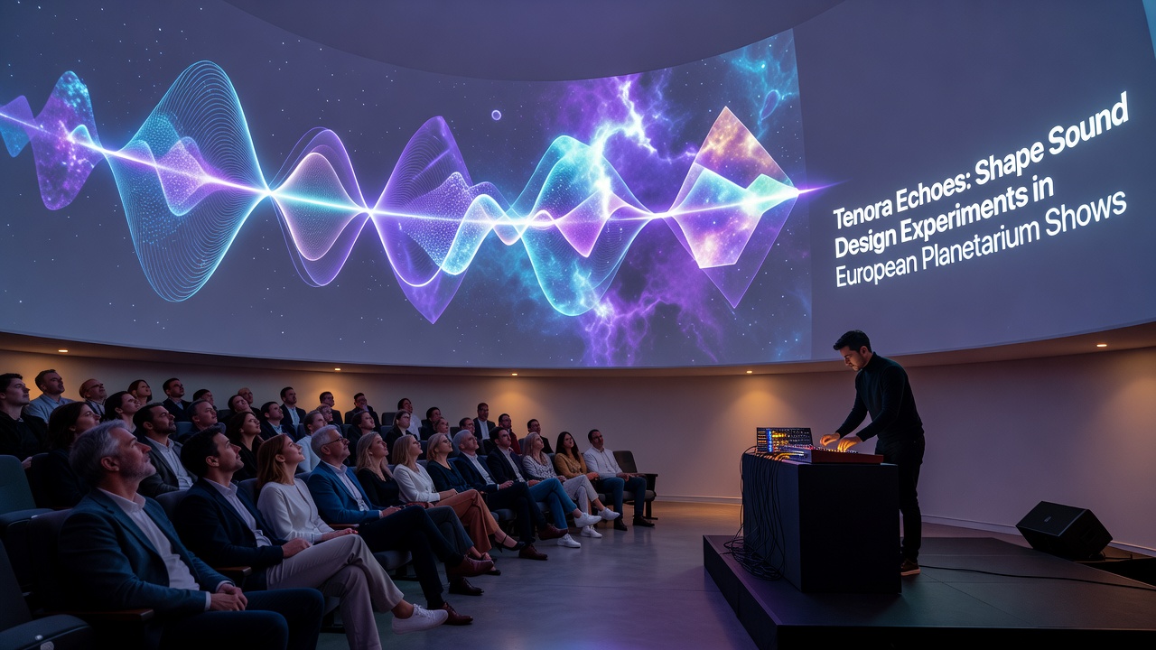 Close-up of sound mixing console displaying tenora echo waveforms integrated with planetarium projection controls